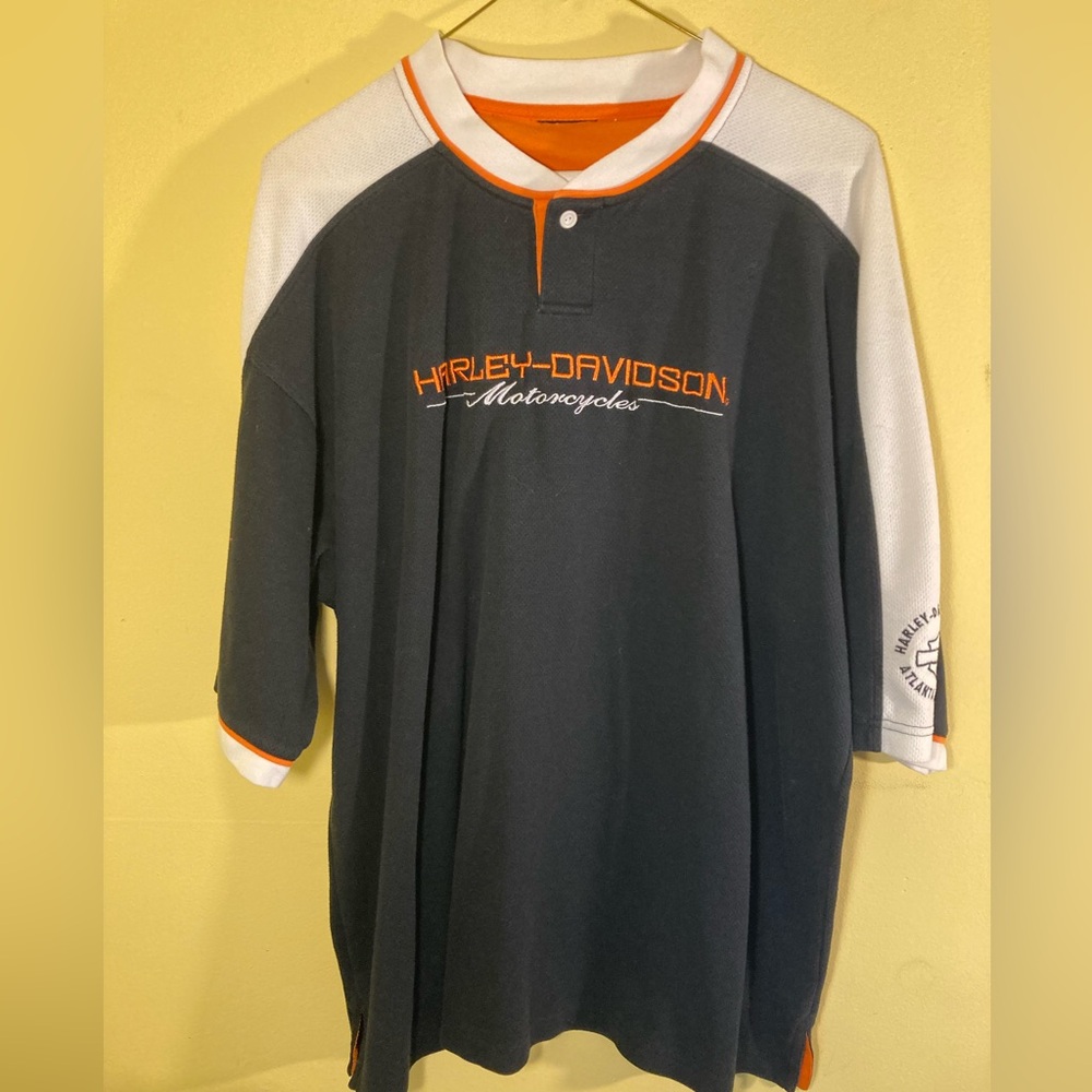 Harley Davidson Henley Shirt Mens Sz XL Black White Orange Atlanta Georgia Biker